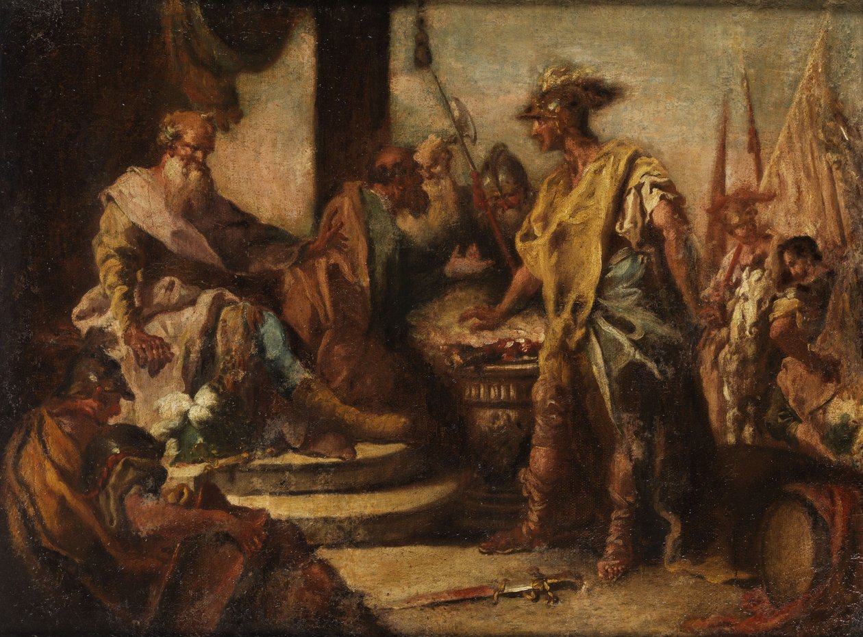 Mucius Scaevola lægger sin hånd på ilden foran den etruskiske prins Porsenna. af Francesco Fontebasso