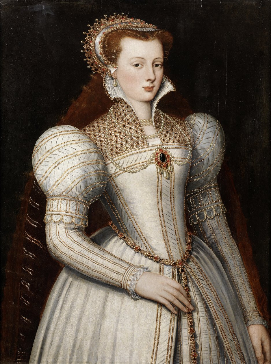 Portræt af en dame, halvlængde, i hvid bejeweled kjole og hovedbeklædning af Circle of Frans Pourbus the Younger
