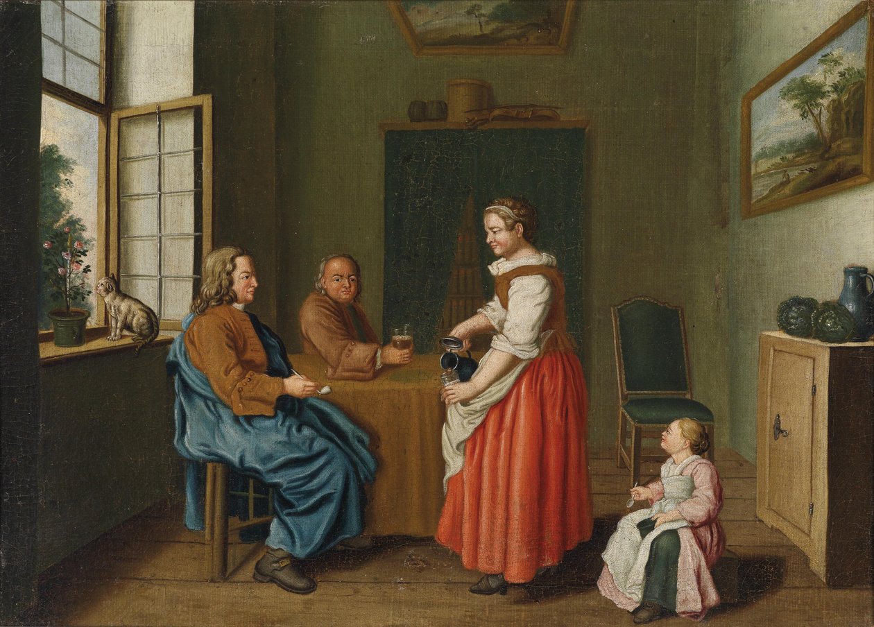Interiør med to mænd ved bordet og en stuepige, der serverer dem af Jan Josef Horemans II