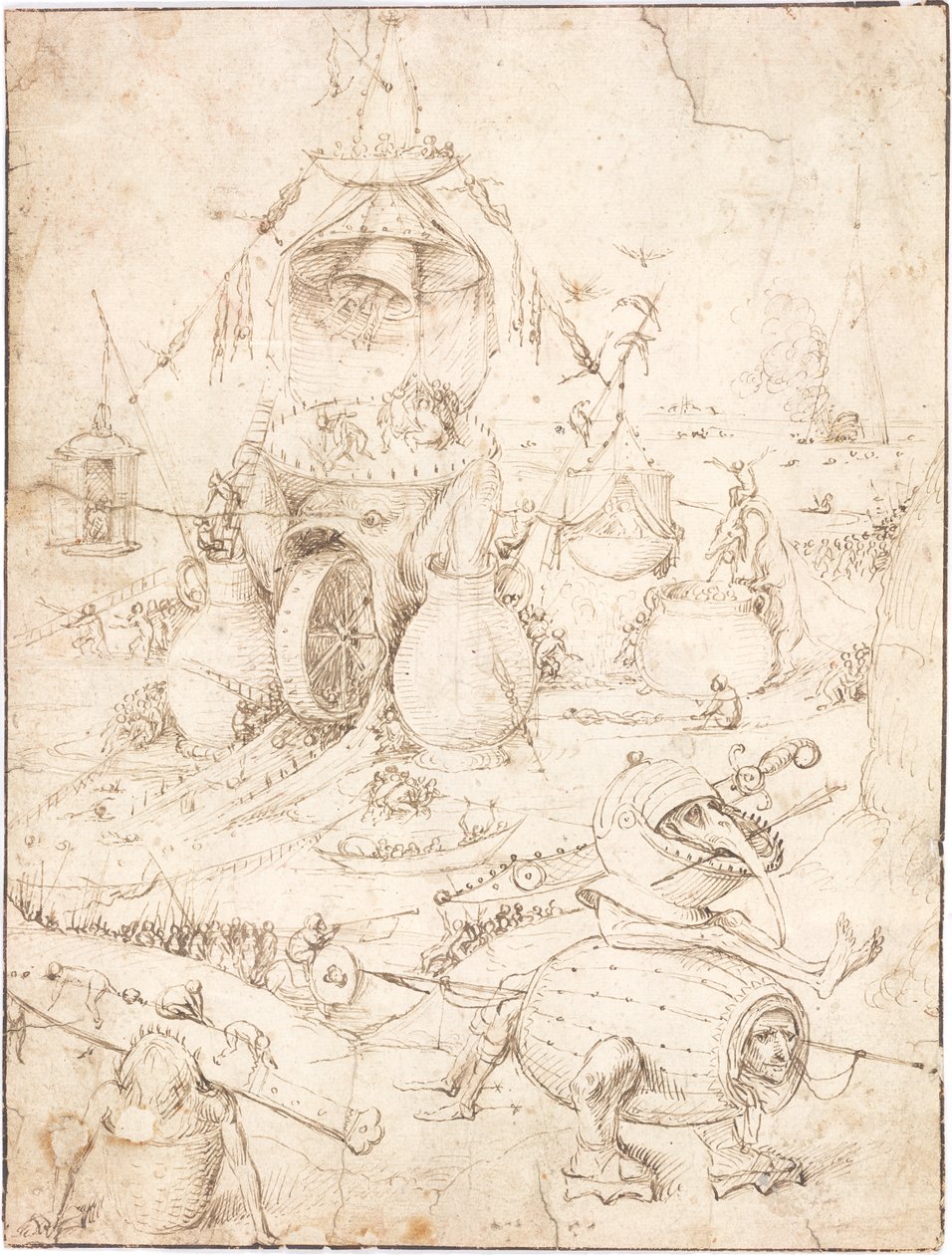 En helvede-scene med et fiskemonster med et hjul i munden af Follower of Hieronymus Bosch