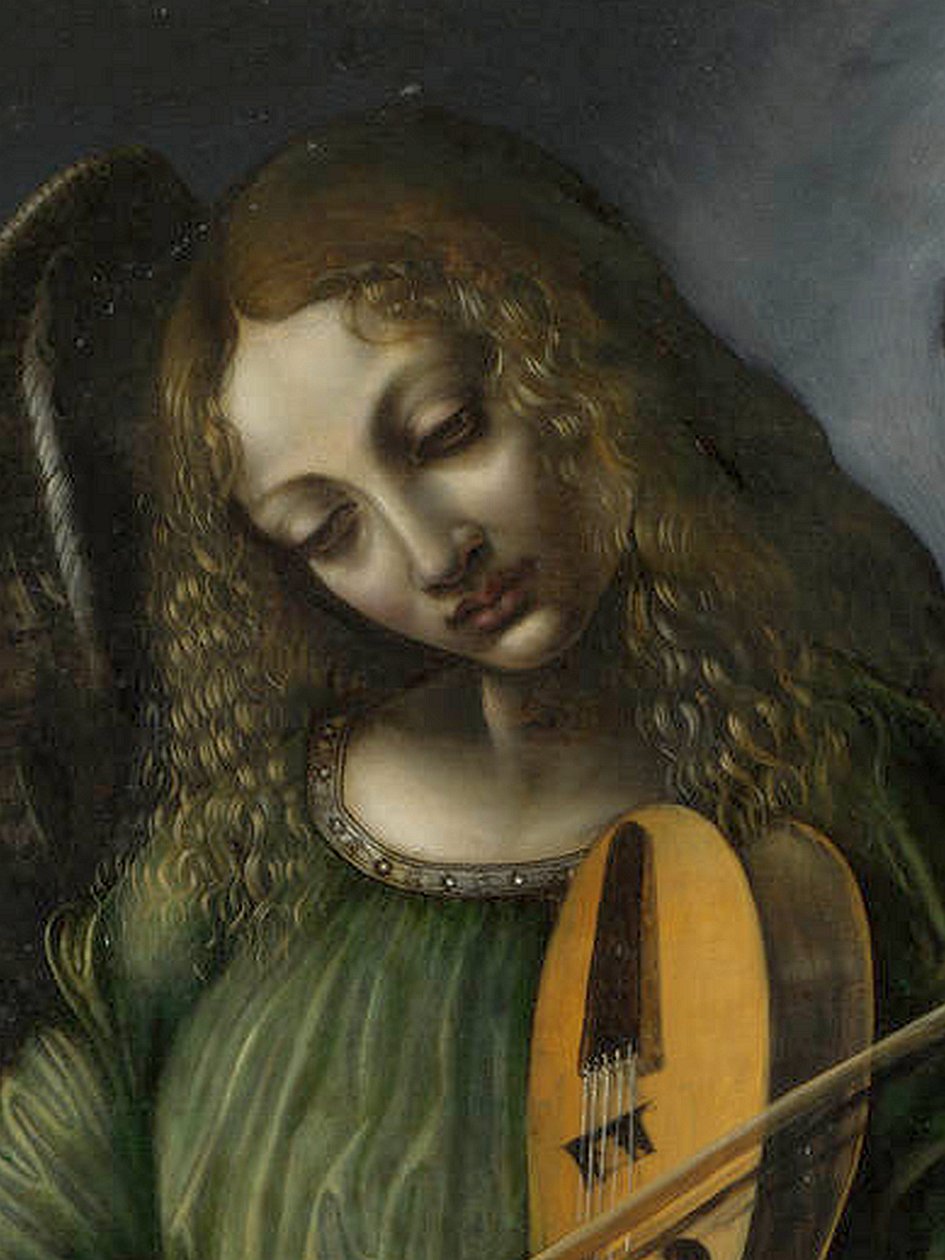 En engel i grønt med en vielle, en del af S. Francesco altertavle, Milano af Circle of Leonardo da Vinci