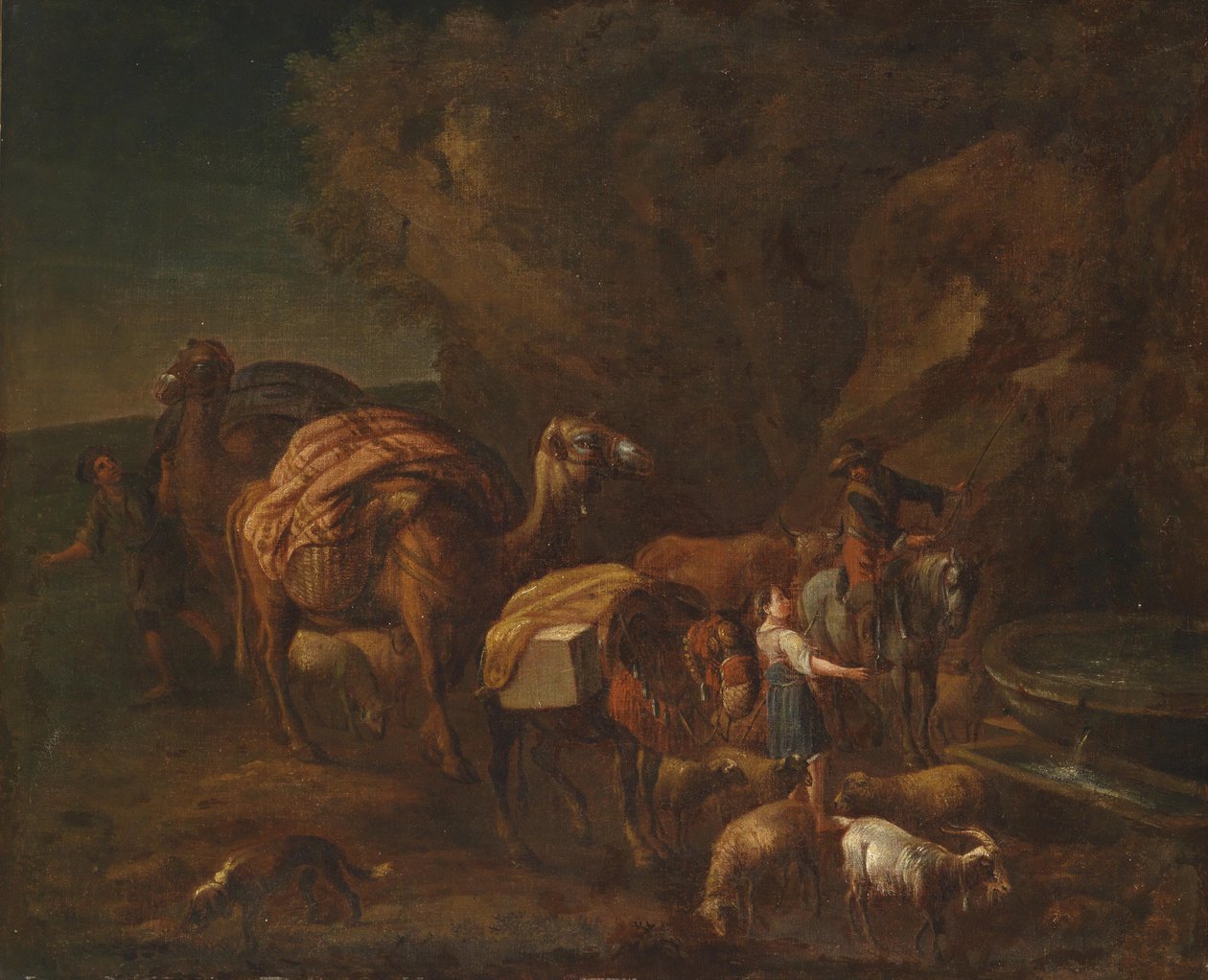 Orientalsk landskab med kamelførere og kvægbesættere af Circle of Nicolaes Pieterszoon Berchem