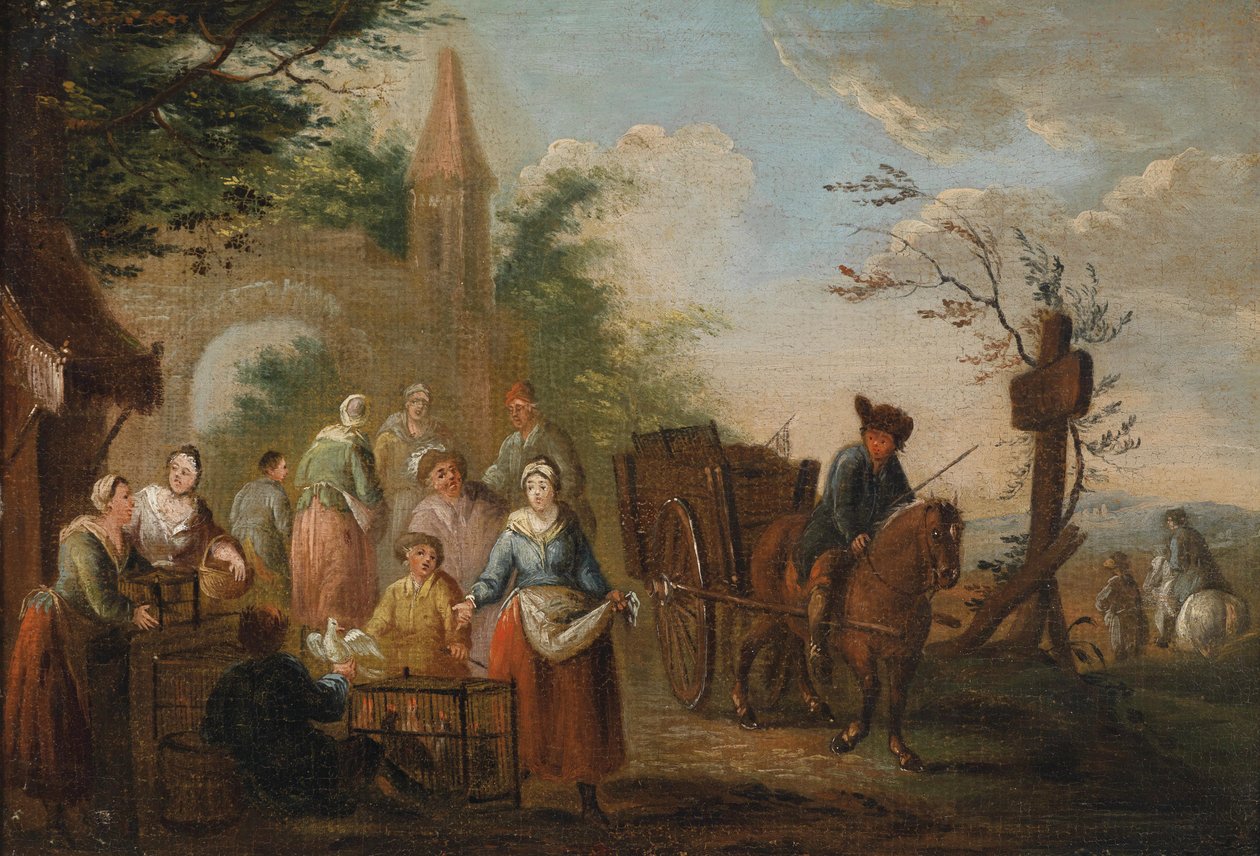 Fjerkræs sælger foran en byport af Circle of Pieter Angillis