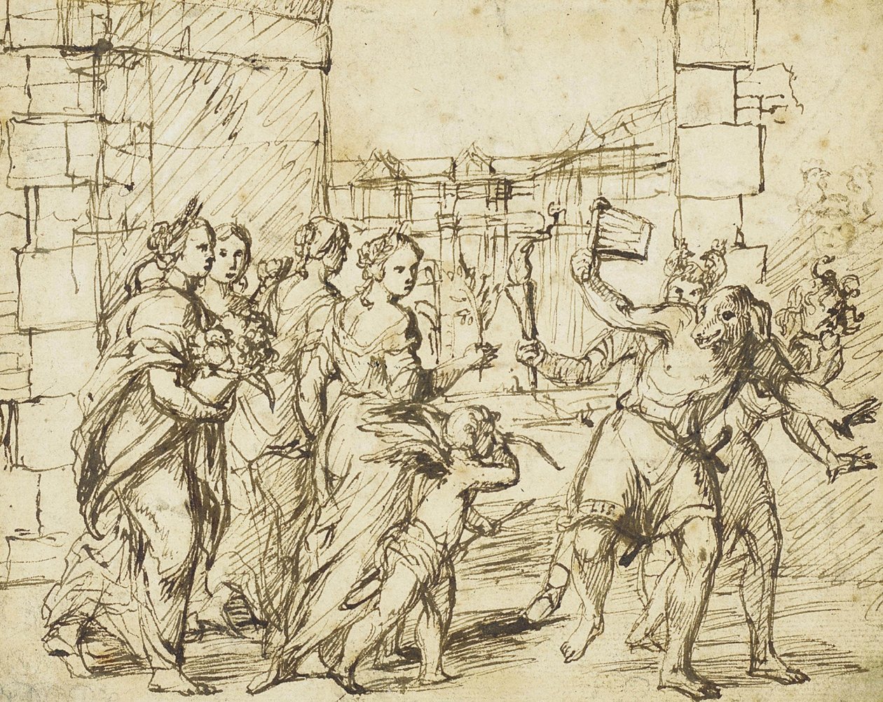 Den lupercalske festival i Rom: Amor og frugtbarhedspersonligheder møder Luperci klædt ud som hunde og geder af Circle of Adam Elsheimer