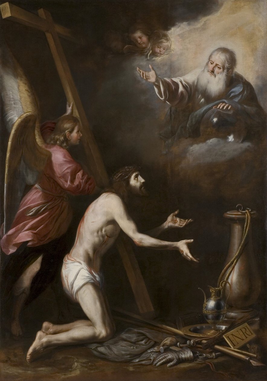 Spansk: Cristo flagelado arrodillado ante Dios Padre (Den piskede Kristus knæler foran Gud Fader) af Circle of Antonio del Castillo y Saavedra