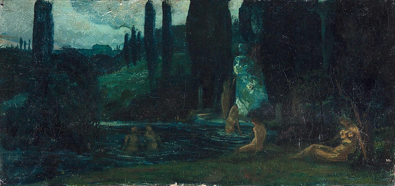 Tysk: Badende kvinder om aftenen i et sydligt landskab af Circle of Arnold Böcklin