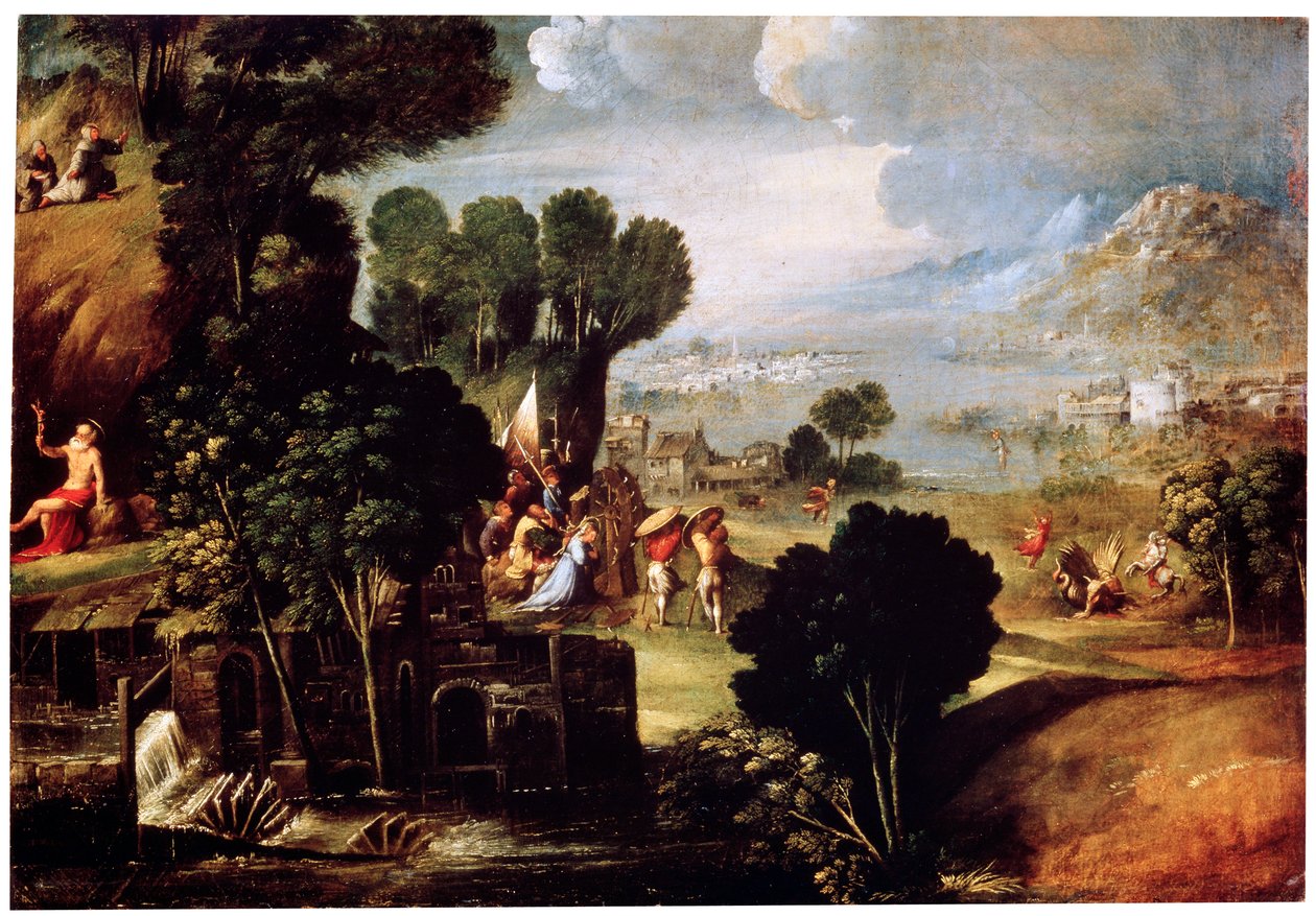 Landskab med scener fra Lives of the Saints, c1530 af Circle of Dosso Dossi