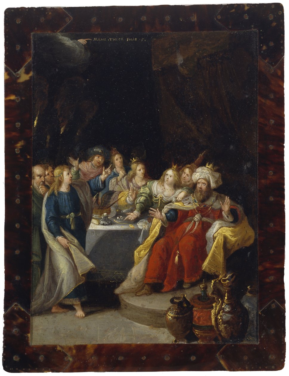 Belshazzars fest, ingen dato (olie på kobber) af Circle of Frans Francken the Younger