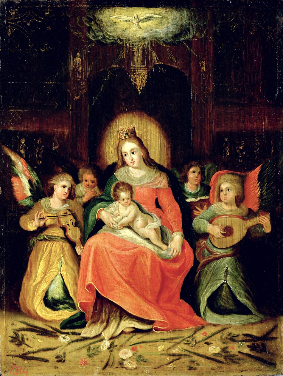 Jomfru Maria med børne- og musikspillende engle af Circle of Frans Francken the Younger