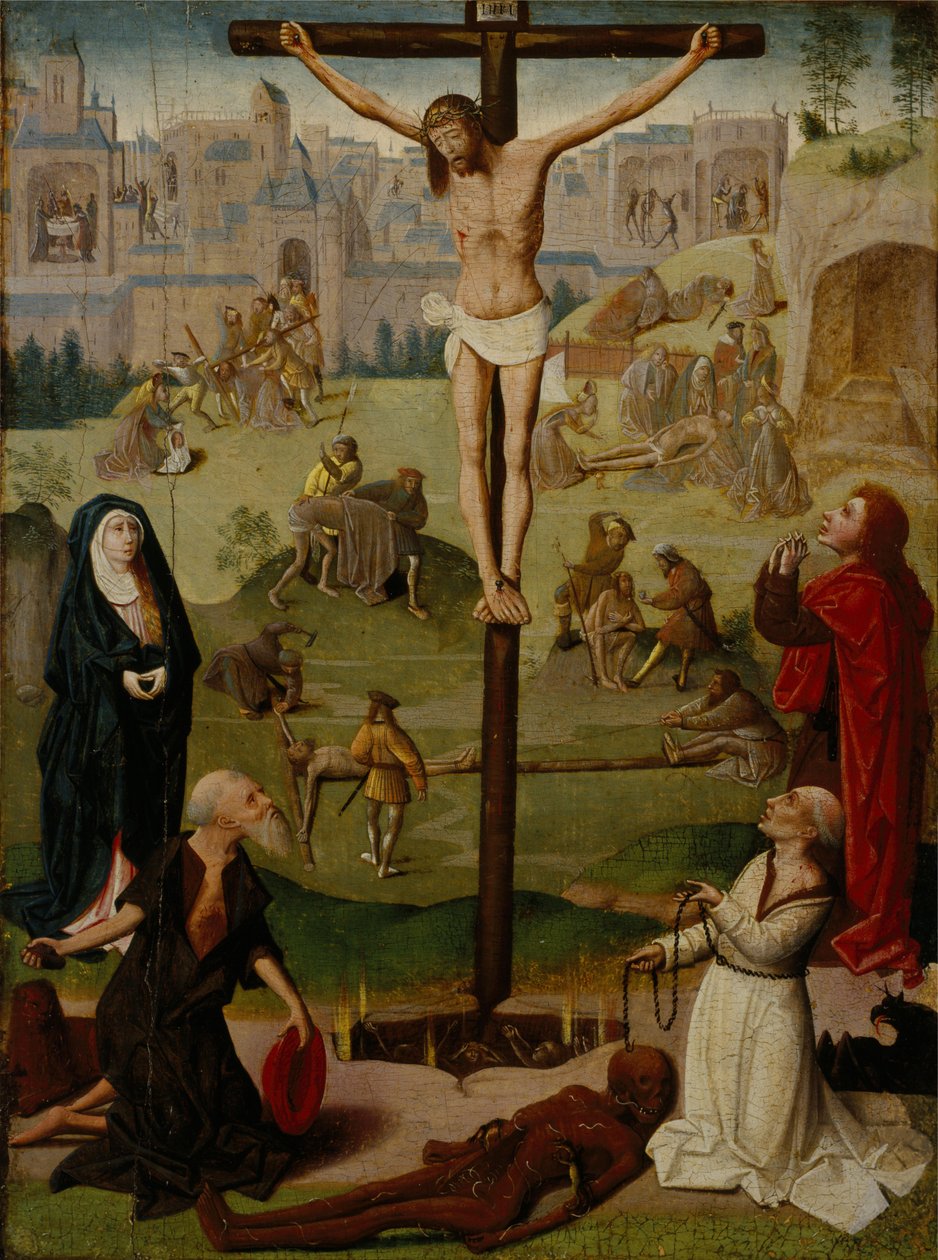 Korsfæstelsen med Sankt Hieronymus og Sankt Dominikus og scener fra lidelsen af Circle of Geertgen tot Sint Jans