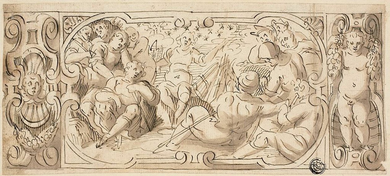 Design til dekorativ frise med Josef, der fortolker sin drøm for sine brødre af Circle of Giovanni Battista Castello