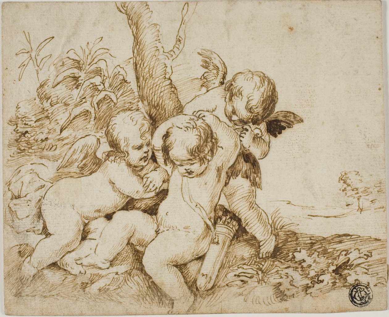 To putti giver en tredje bind for øjnene af Circle of Guido Reni