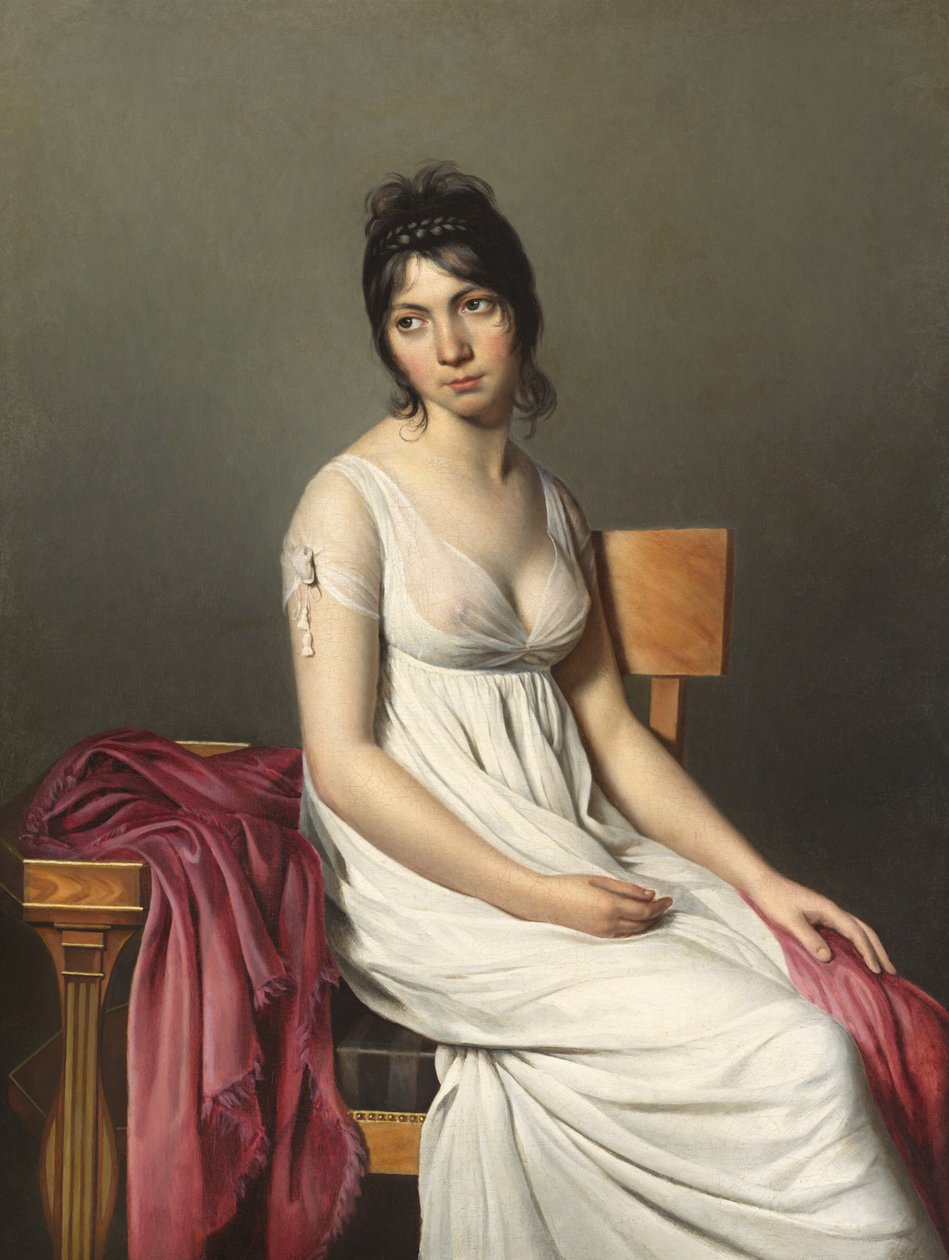 Portræt af en ung kvinde i hvidt af Circle of Jacques Louis David