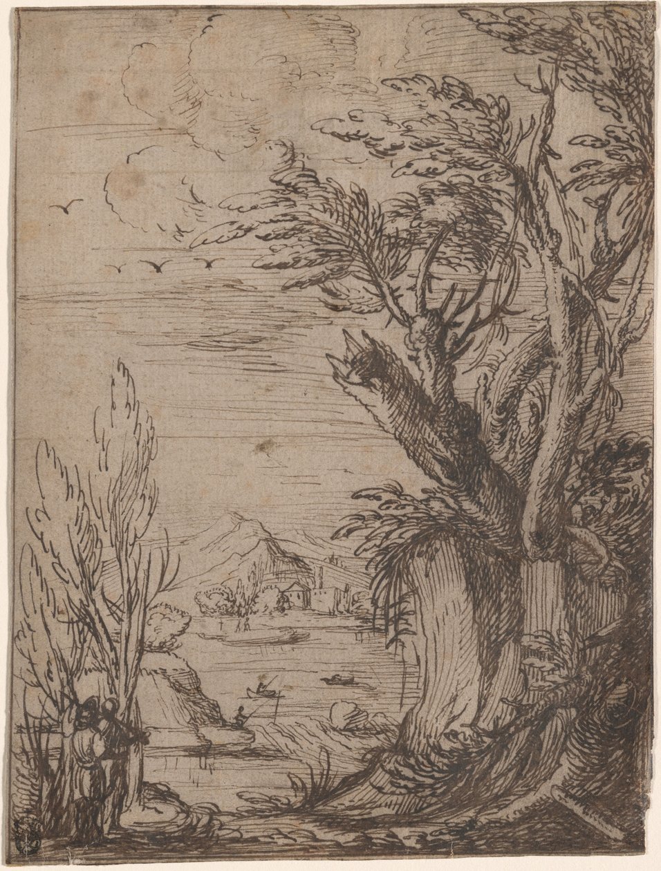 Landskab med knudrede træer og fisker af Circle of Jacques de Gheyn
