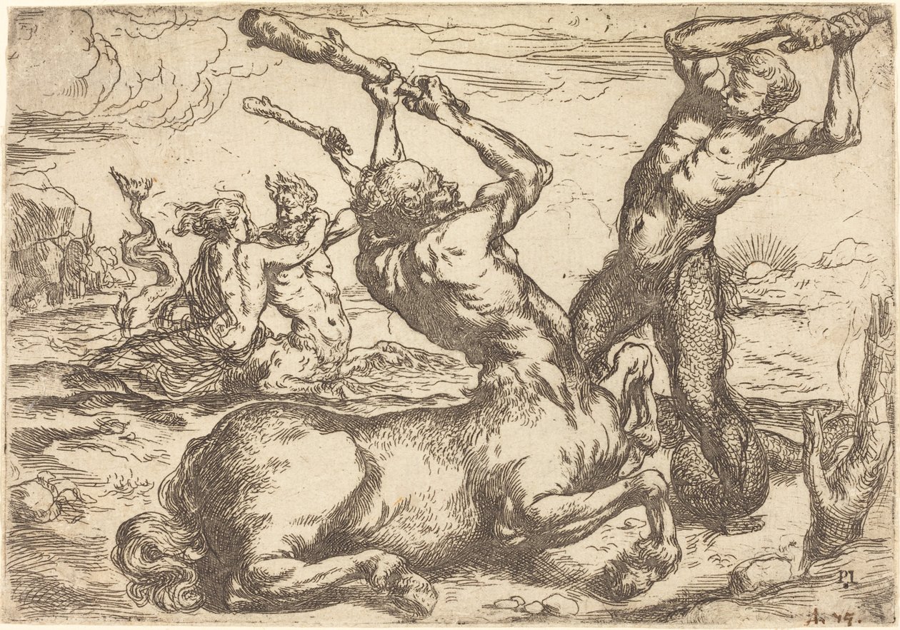 Kamp mellem en kentaur og en triton af Circle of Jusepe de Ribera