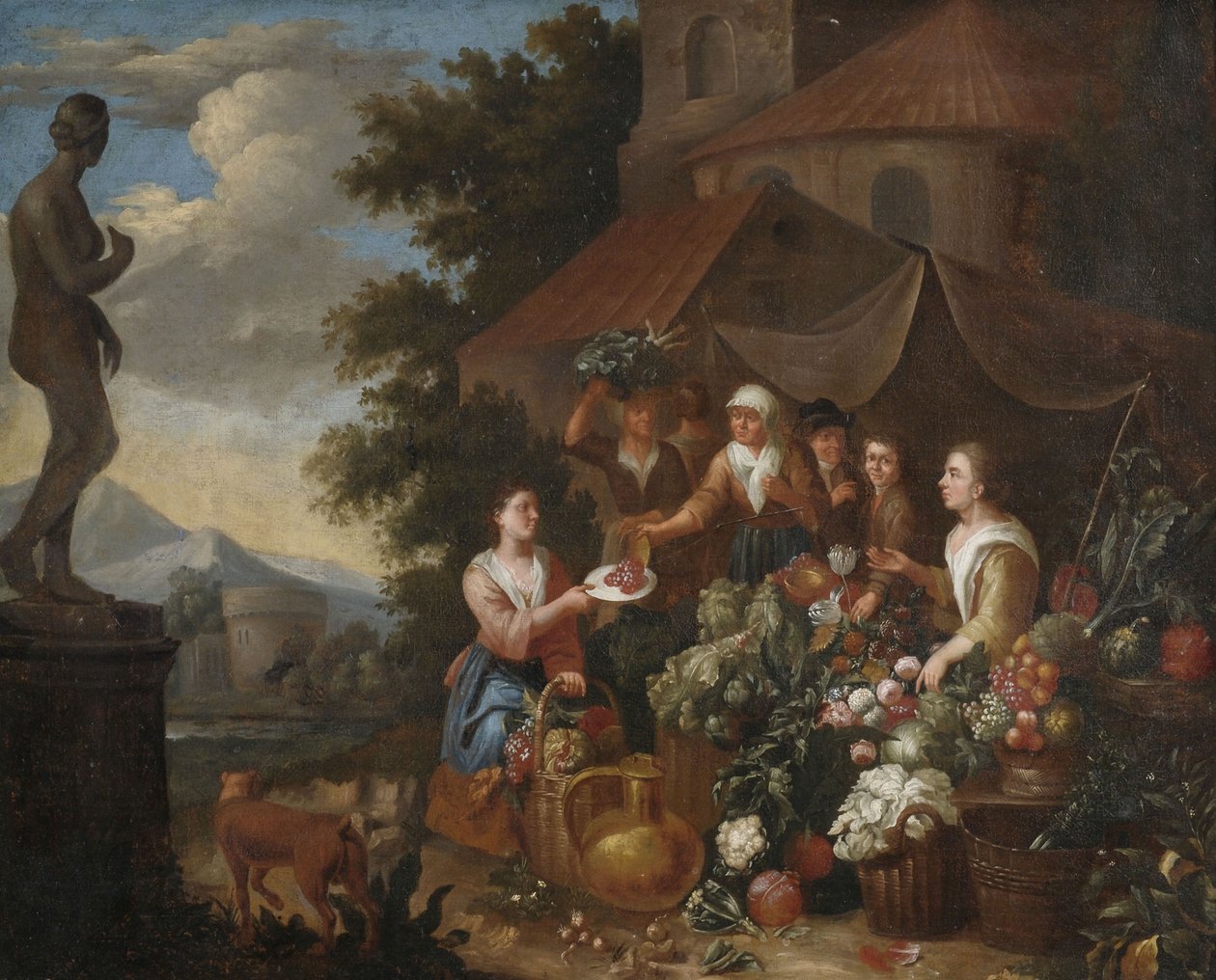 Salg af grøntsager og blomster i en italiensk markedsbod. af Circle of Norbert van Bloemen