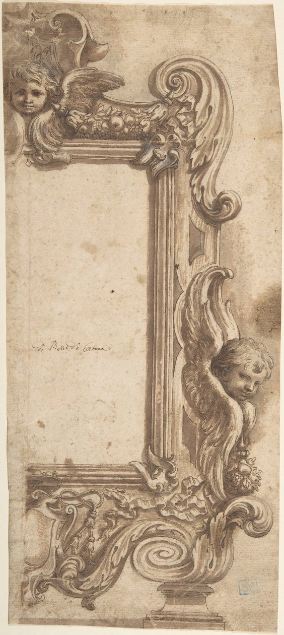 Design til en halvramme dekoreret med engle, volutter og guirlander., 1634-89. af Ciro Ferri.