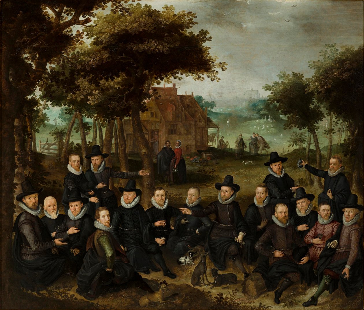 Betjente fra den gamle milits i Alkmaar i et landskab. olie på panel medium QS af Claes Jacobsz van der Heck