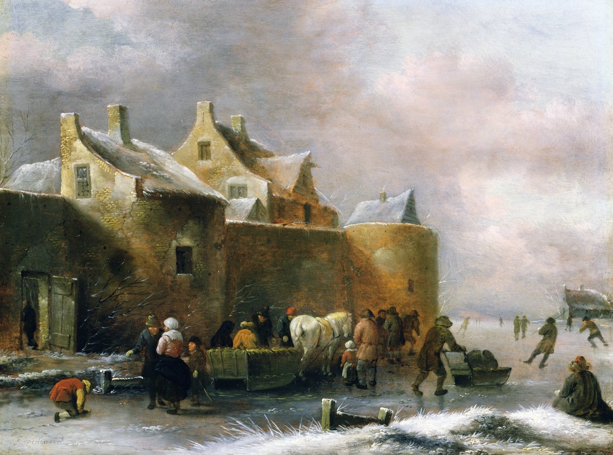 Et vinterlandskab med talrige figurer på en frossen flod uden for bymurene af Claes Molenaer