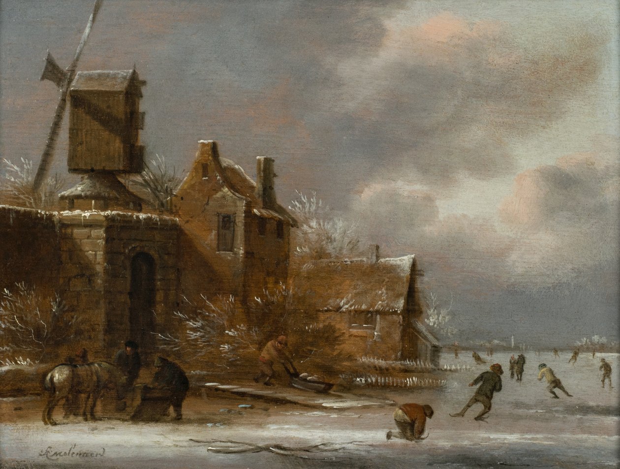 Et vinterlandskab med skatere på en frossen flod uden for en landsby af Claes (1630 76) Molenaer