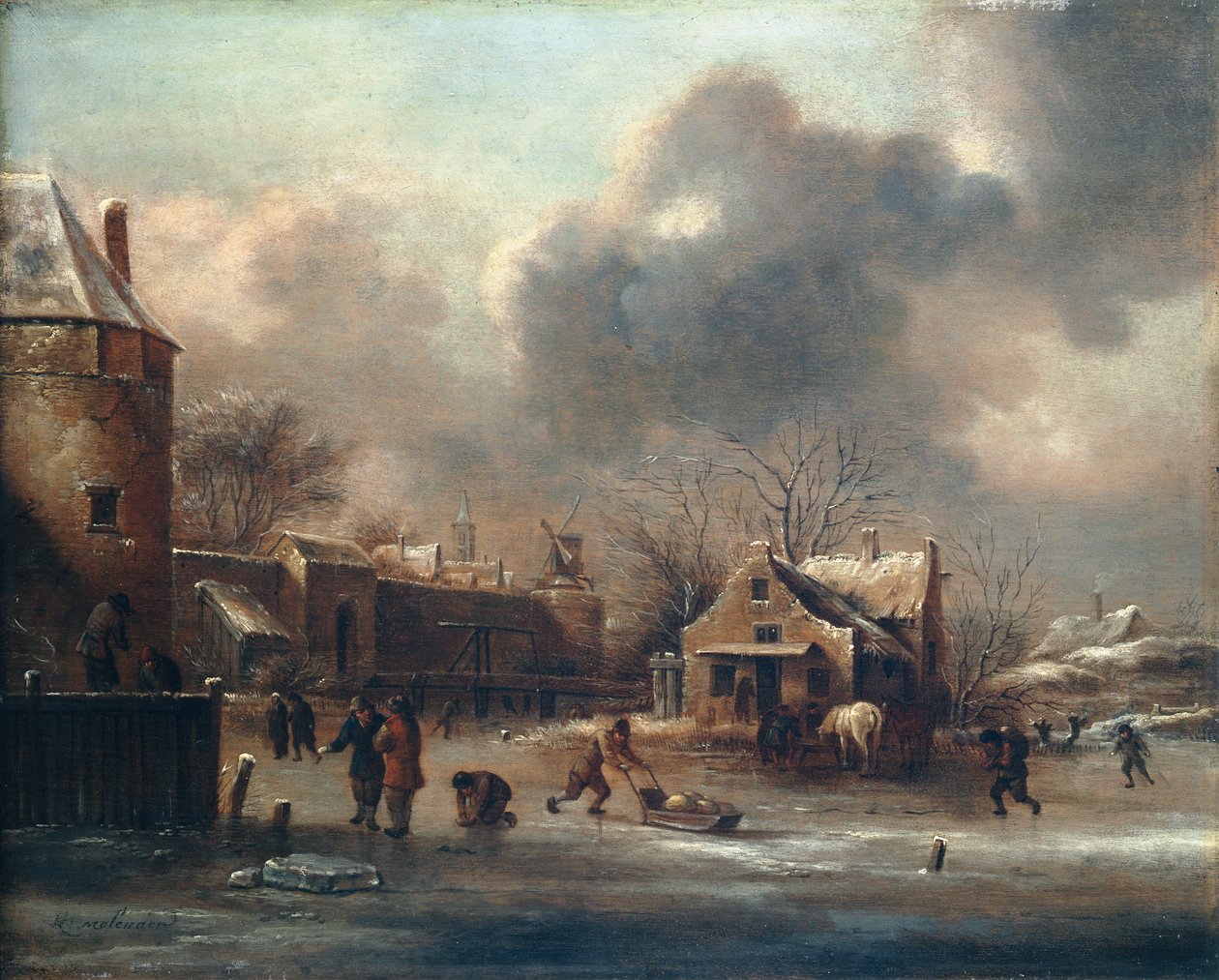 Skøjtescene: Figurer på isen nær murene i en by (olie på panel) af Claes (1630 76) Molenaer