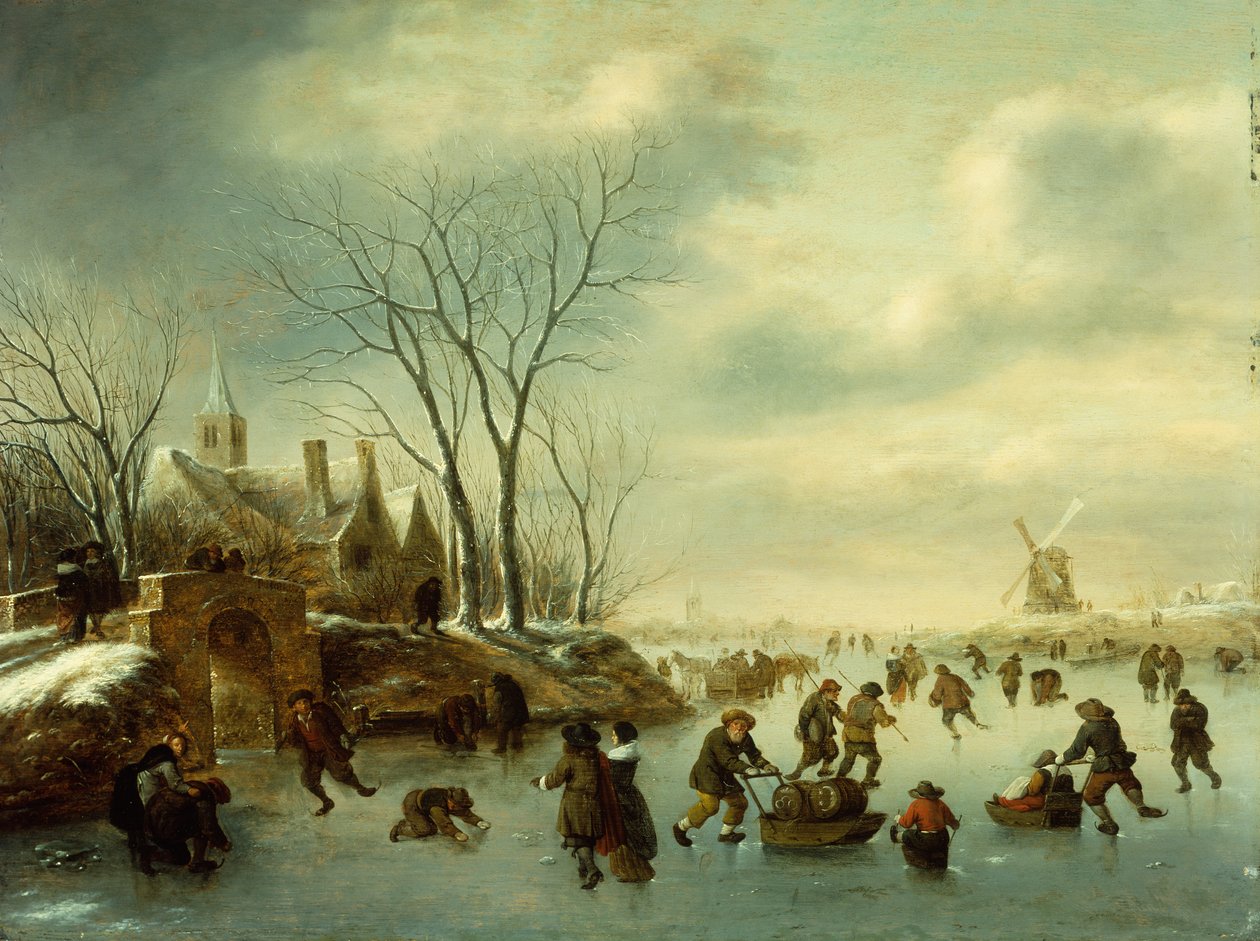 Vinterlandskab med skøjteløbere (olie på panel) af Claes (1630-76) Molenaer