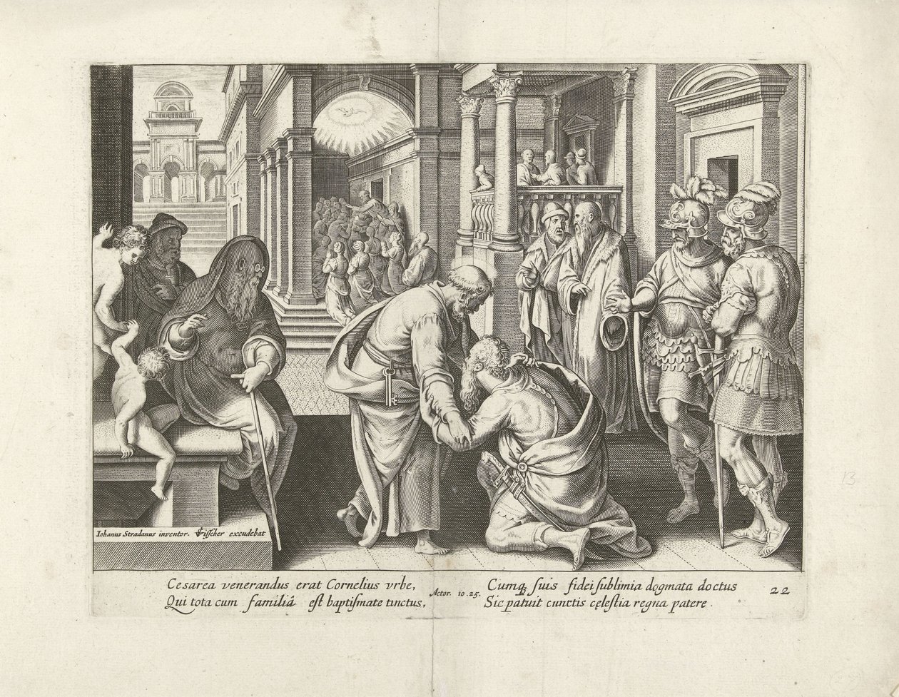 Cornelius knæler foran Petrus Apostlenes Gerninger (serietitel) Acta Apostolorum (serietitel) af Claes Jansz. Visscher (II) (attributed to workshop of)