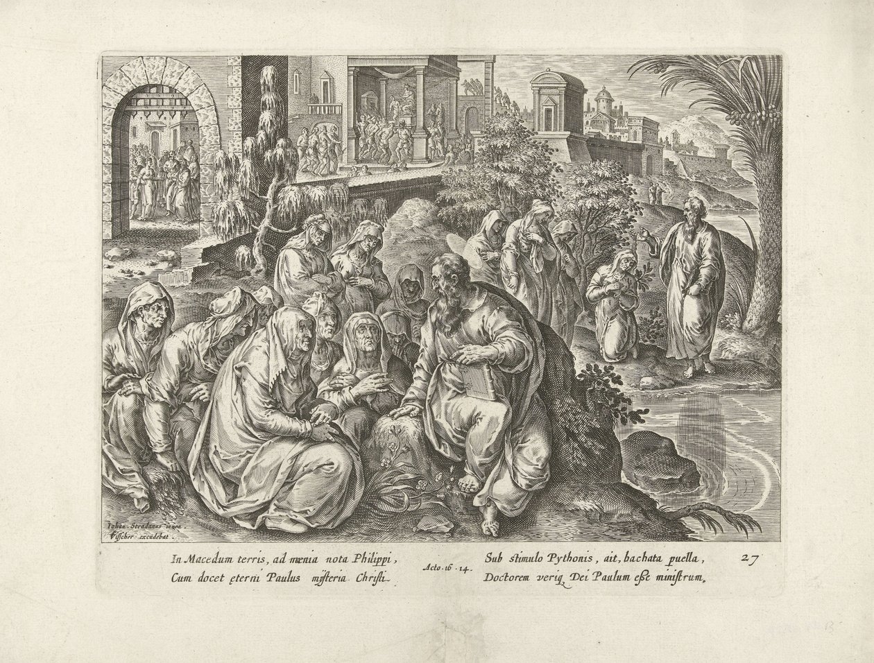 Paulus omvender kvinderne i Filippi Apostlenes Gerninger (serietitel) Acta Apostolorum (serietitel) af Claes Jansz. Visscher (II) (attributed to workshop of)