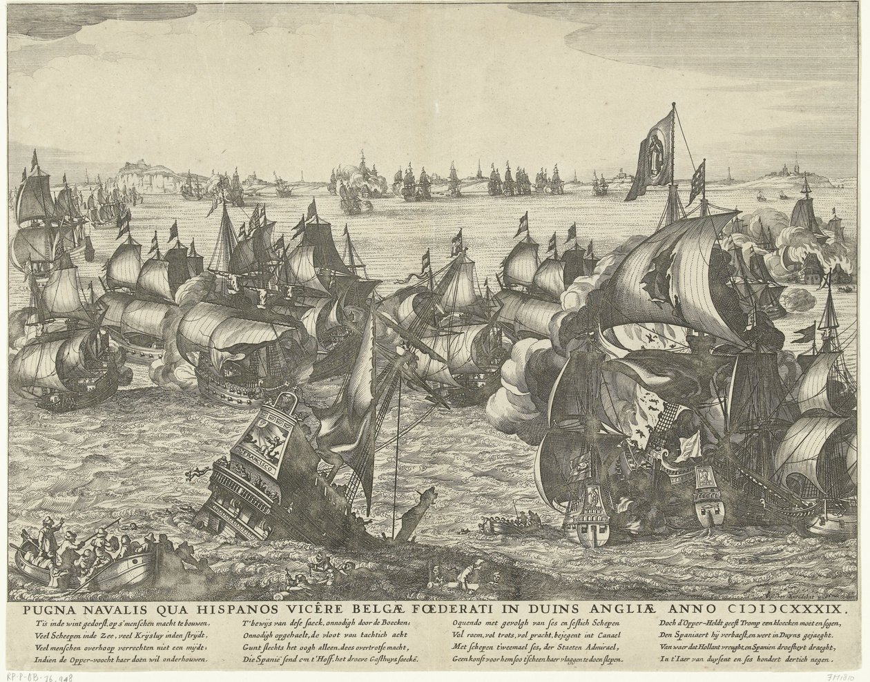 Zeeslag bij Duins, 1639 Søslaget, hvor belgierne besejrede spanierne i Duinerne i England i år 1339 (titel på objekt) af Claes Jansz. Visscher (II) (workshop of)