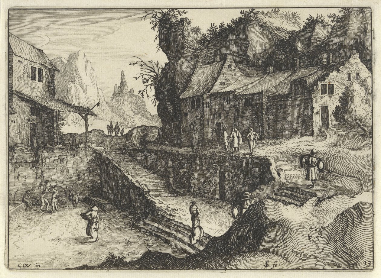 Bjerglandsby med huse og trapper Hollandske landskaber (serietitel) Amaeniores Aliquot Regiunculae (serietitel på objekt) af Claes Jansz. Visscher (II)