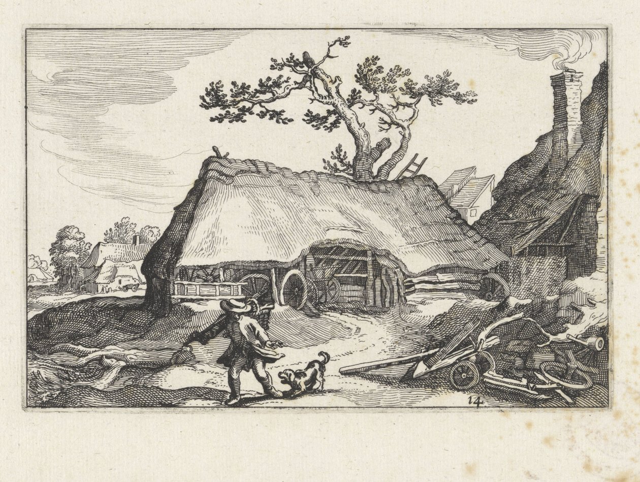 Gøende hund på en gård Landskaber med gårde (serietitel) af Claes Jansz. Visscher (II)