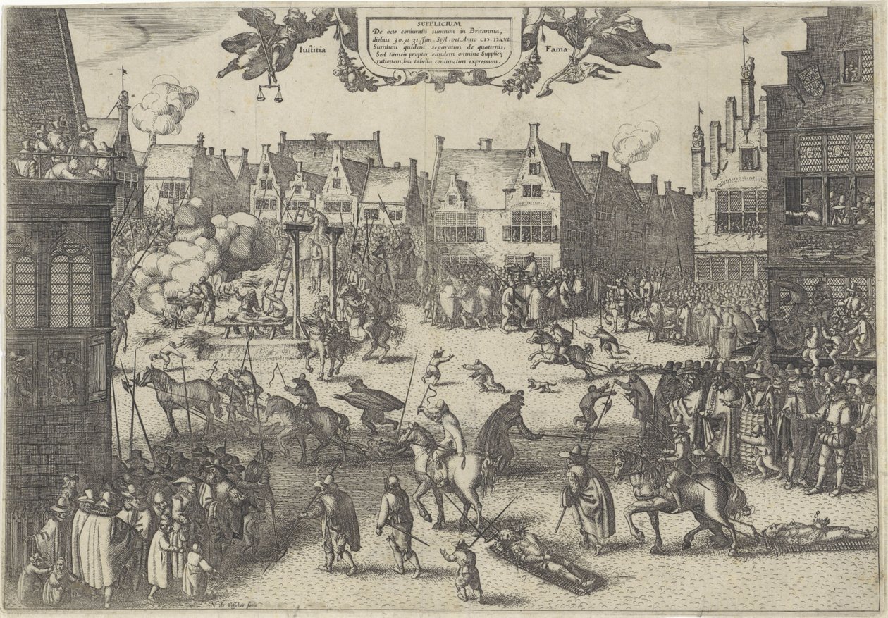 Henrettelse af krudtforrædernes sammensvorne, 1606 Supplicium de octo coniuratis sumtum i Britannia (titel på objekt) af Claes Jansz. Visscher (II)