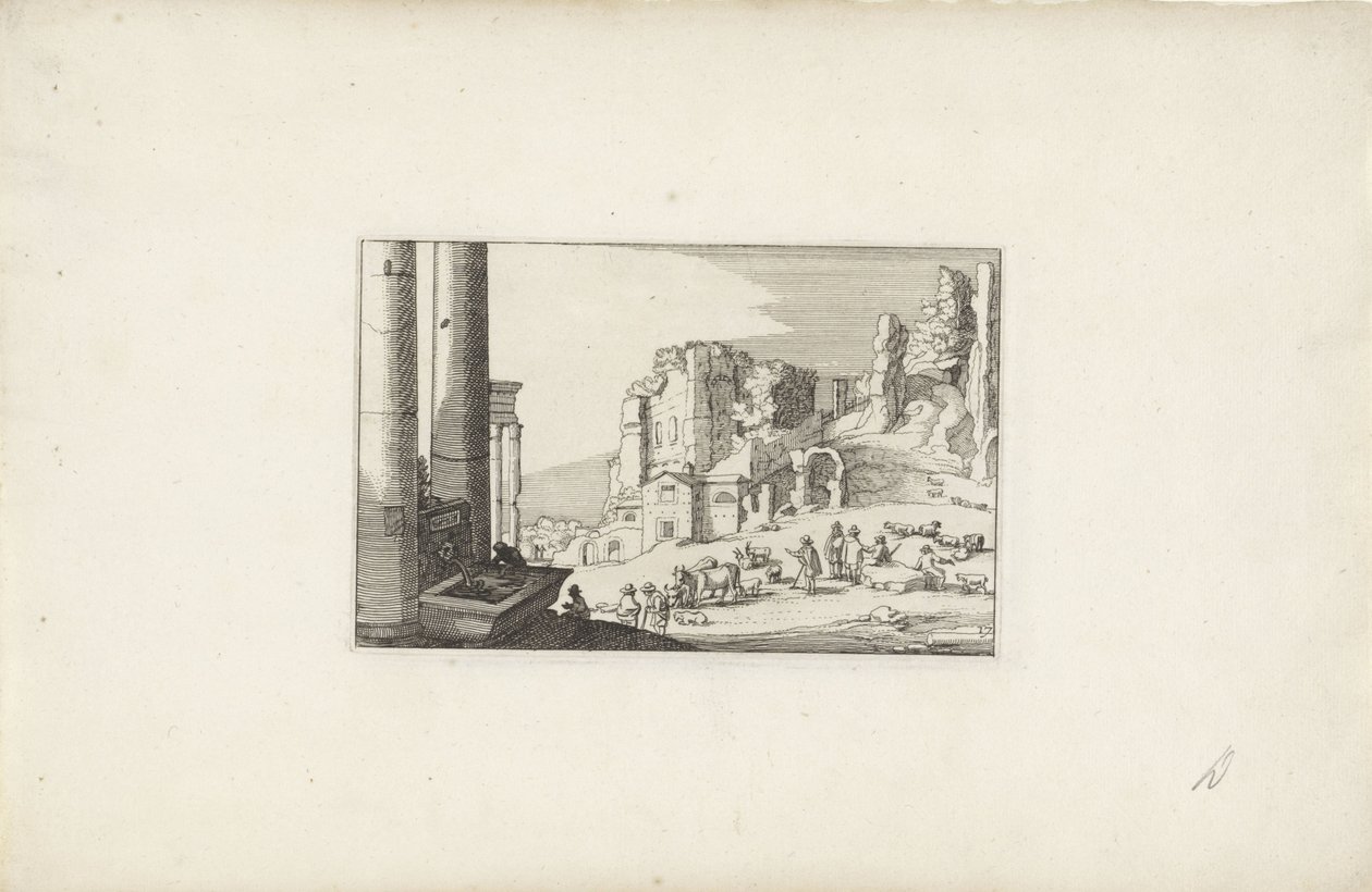 Bakket landskab med springvand og hyrder Italienske landskaber med ruiner (serietitel) Variae antiquitates Romanae (serietitel på objekt) af Claes Jansz. Visscher (II)