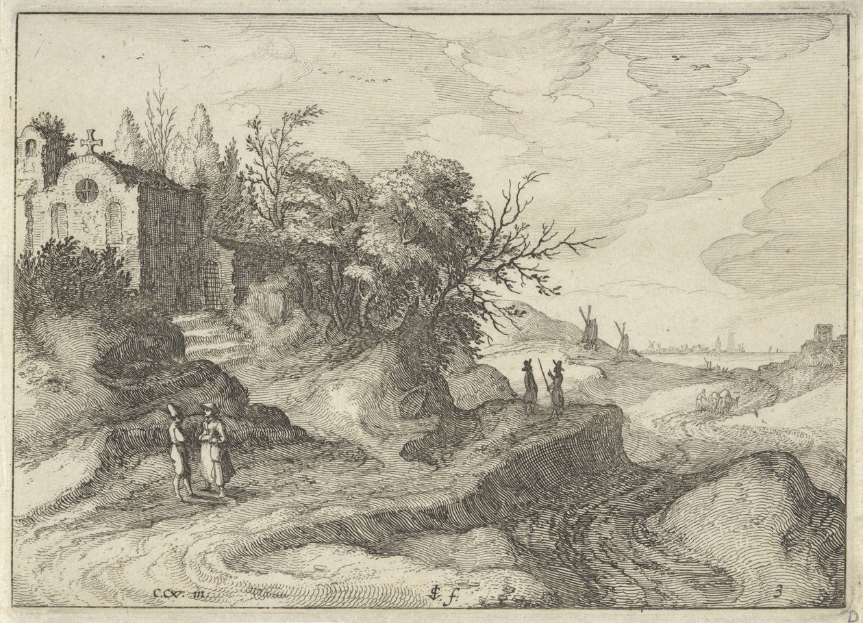 Kapel på en snoet landevej Hollandske landskaber (serietitel) Amaeniores Aliquot Regiunculae (serietitel på objekt) af Claes Jansz. Visscher (II)