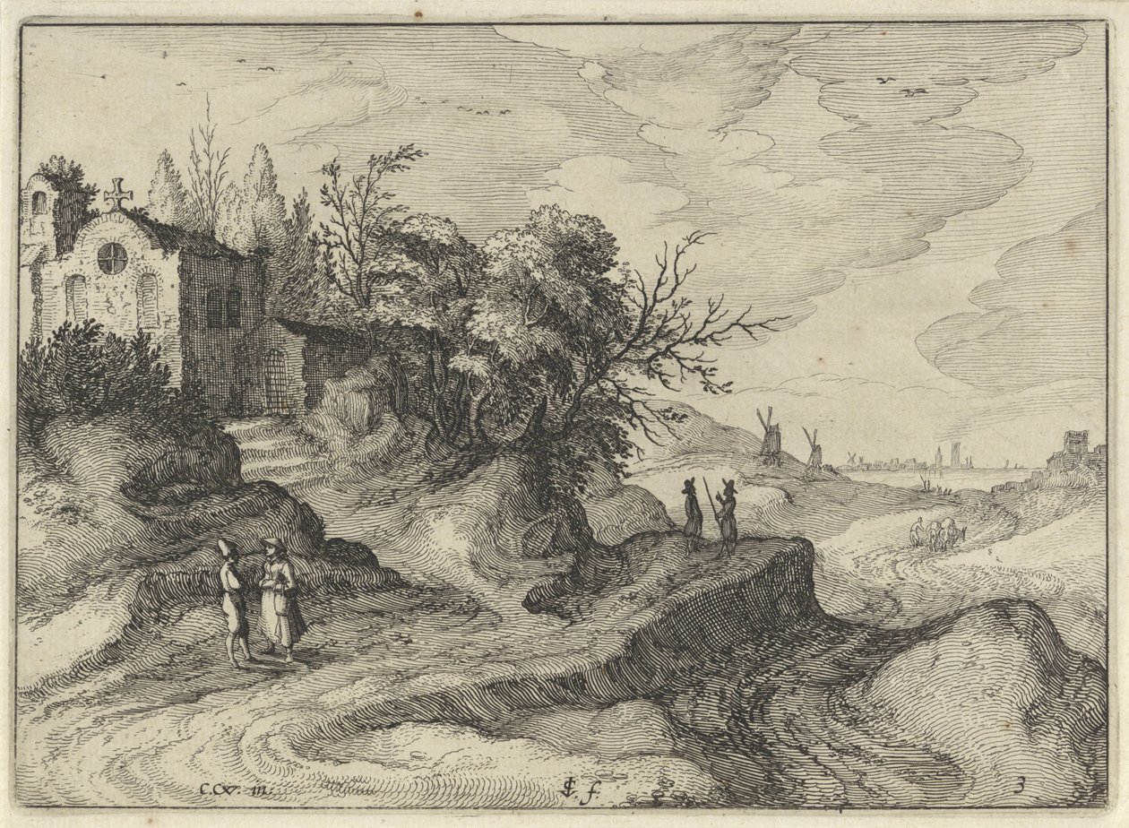 Kapel på en snoet landevej Hollandske landskaber (serietitel) Amaeniores Aliquot Regiunculae (serietitel på objekt) af Claes Jansz. Visscher (II)