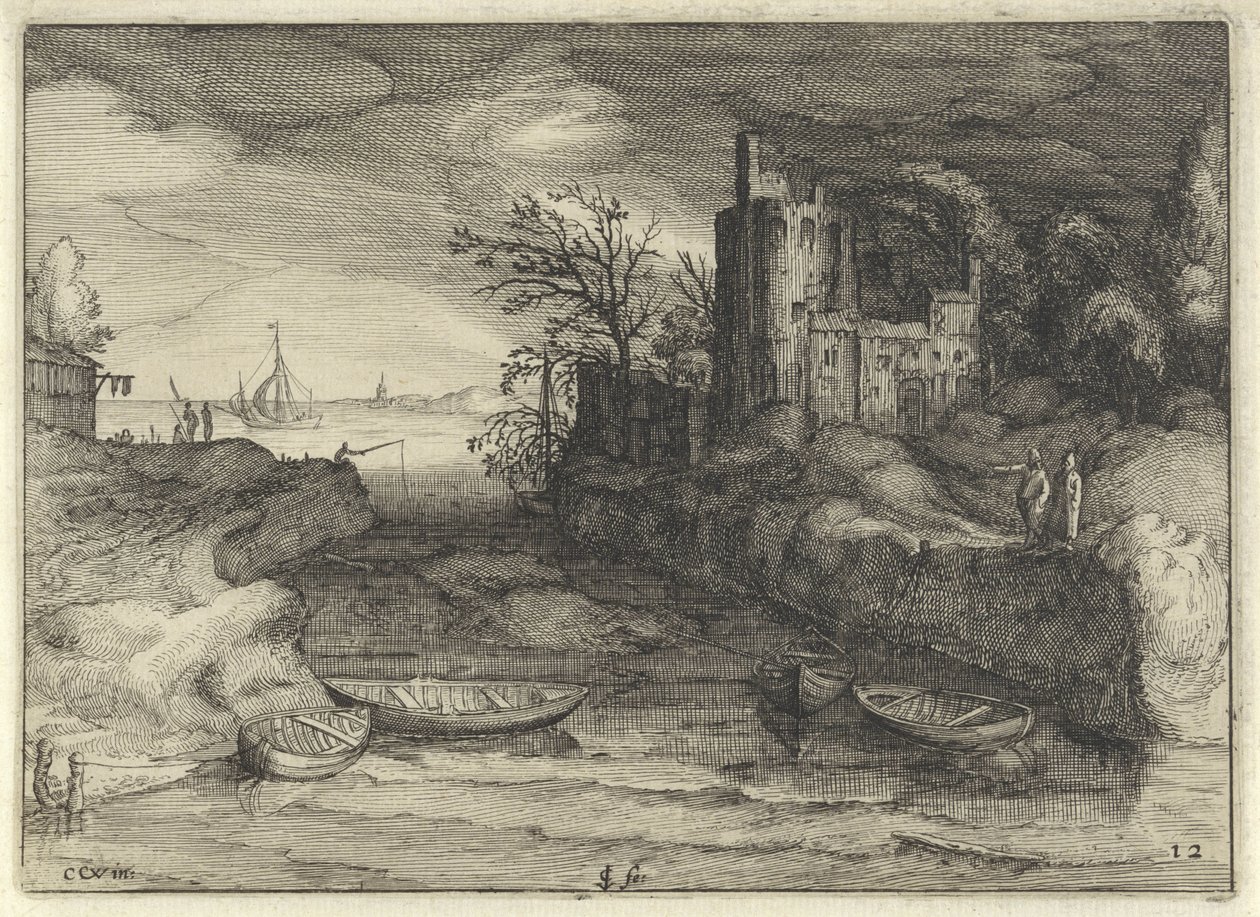 Landskab med slupper Hollandske landskaber (serietitel) Amaeniores Aliquot Regiunculae (serietitel på objekt) af Claes Jansz. Visscher (II)
