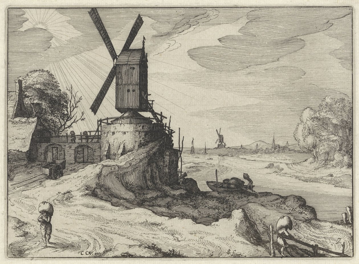 Mølle ved en flod Hollandske landskaber (serietitel) Amaeniores Aliquot Regiunculae (serietitel på objekt) af Claes Jansz. Visscher (II)