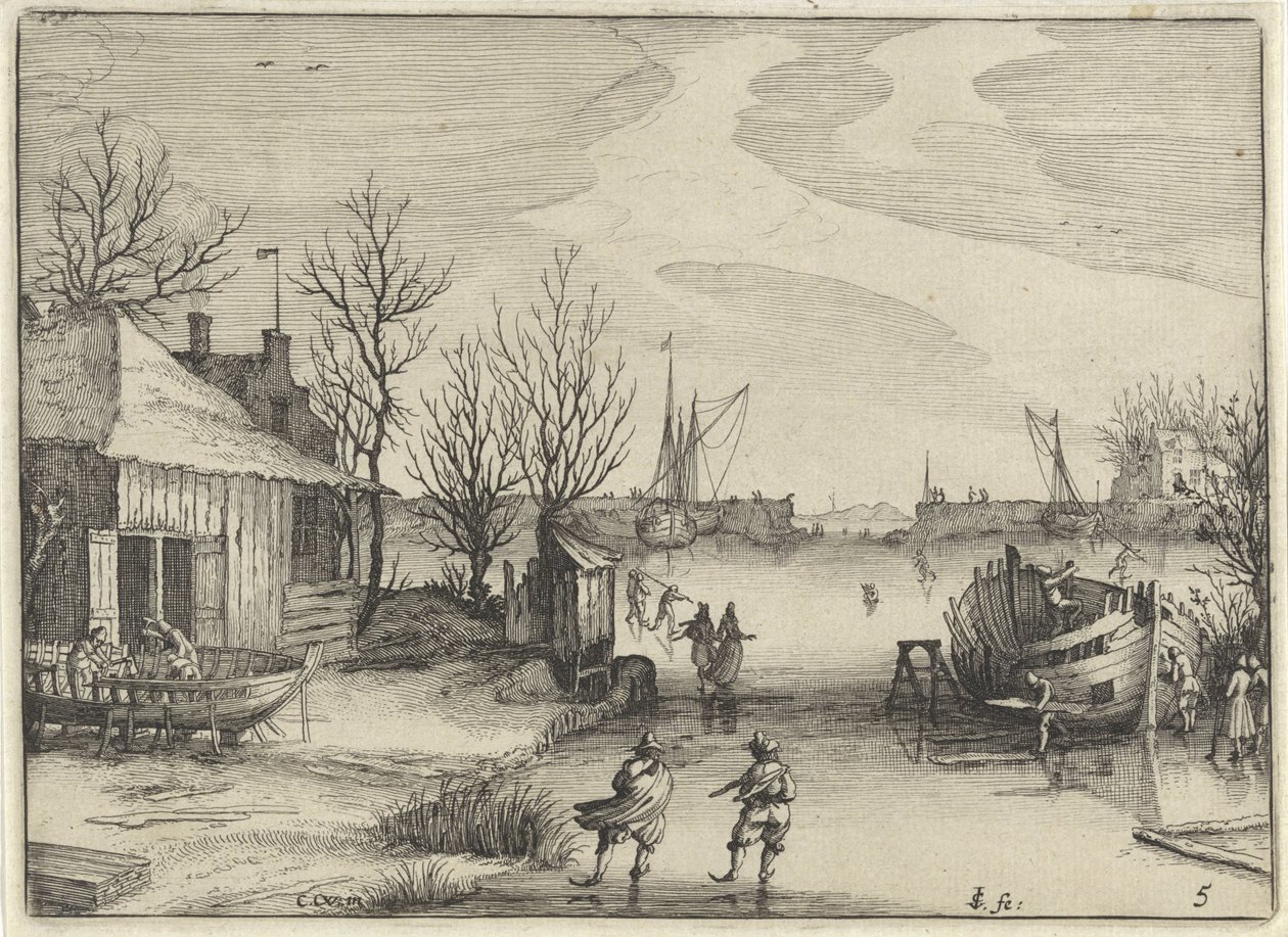 Skibsværft på en frossen kanal Hollandske landskaber (serietitel) Amaeniores Aliquot Regiunculae (serietitel på objekt) af Claes Jansz. Visscher (II)