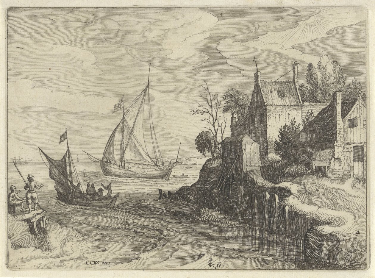 Skibe nær kysten Hollandske landskaber (serietitel) Amaeniores Aliquot Regiunculae (serietitel på objekt) af Claes Jansz. Visscher (II)