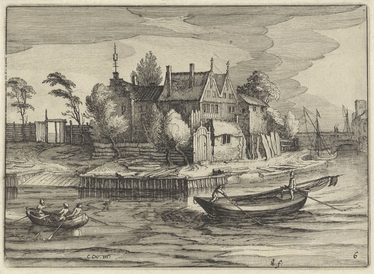 Slupper ved et gods Hollandske landskaber (serietitel) Amaeniores Aliquot Regiunculae (serietitel på objekt) af Claes Jansz. Visscher (II)