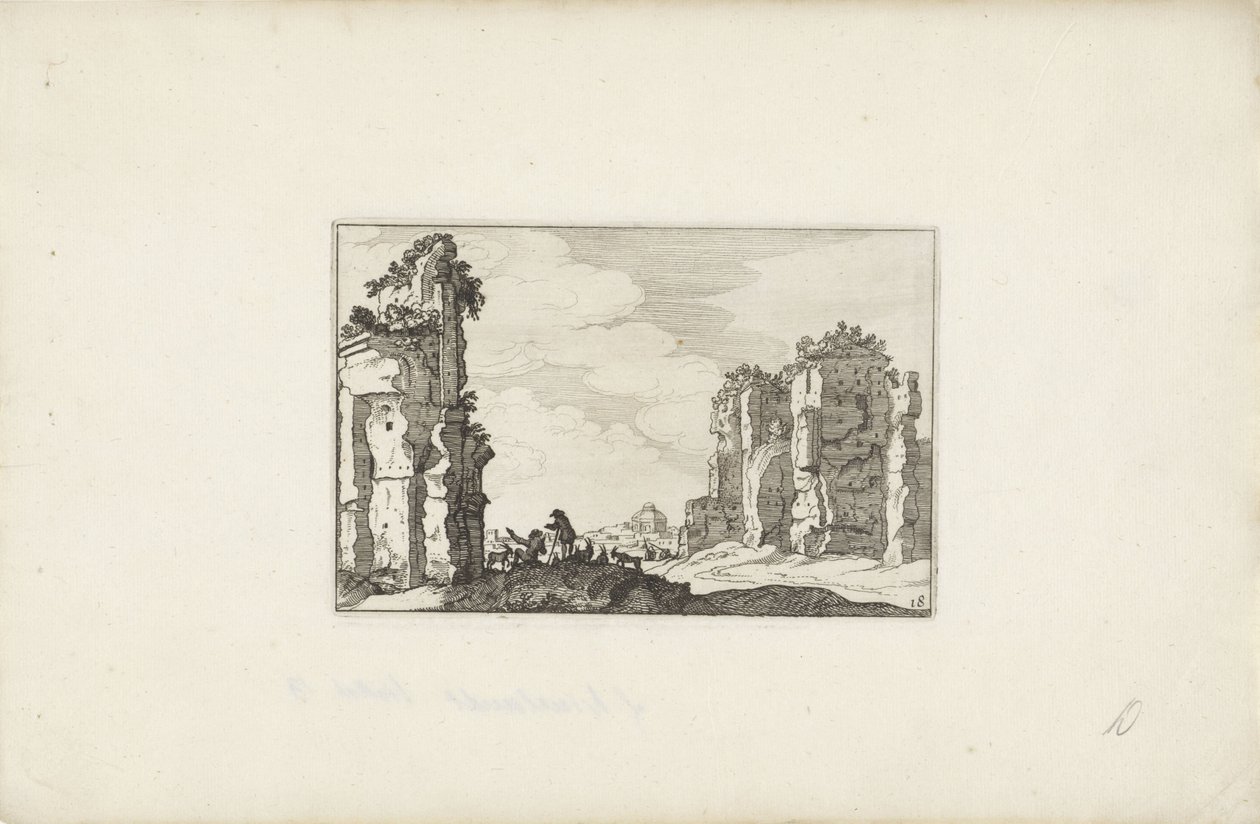 To hyrder ved en ruin Italienske landskaber med ruiner (serietitel) Variae antiquitates Romanae (serietitel på objekt) af Claes Jansz. Visscher (II)