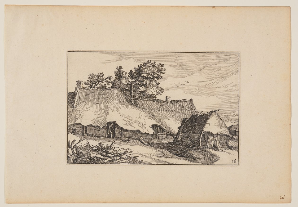 En gård, mand i døråbningen, fra Landskaber (Verscheyden aerdige Lanthuysen...) af Claes Jansz. Visscher