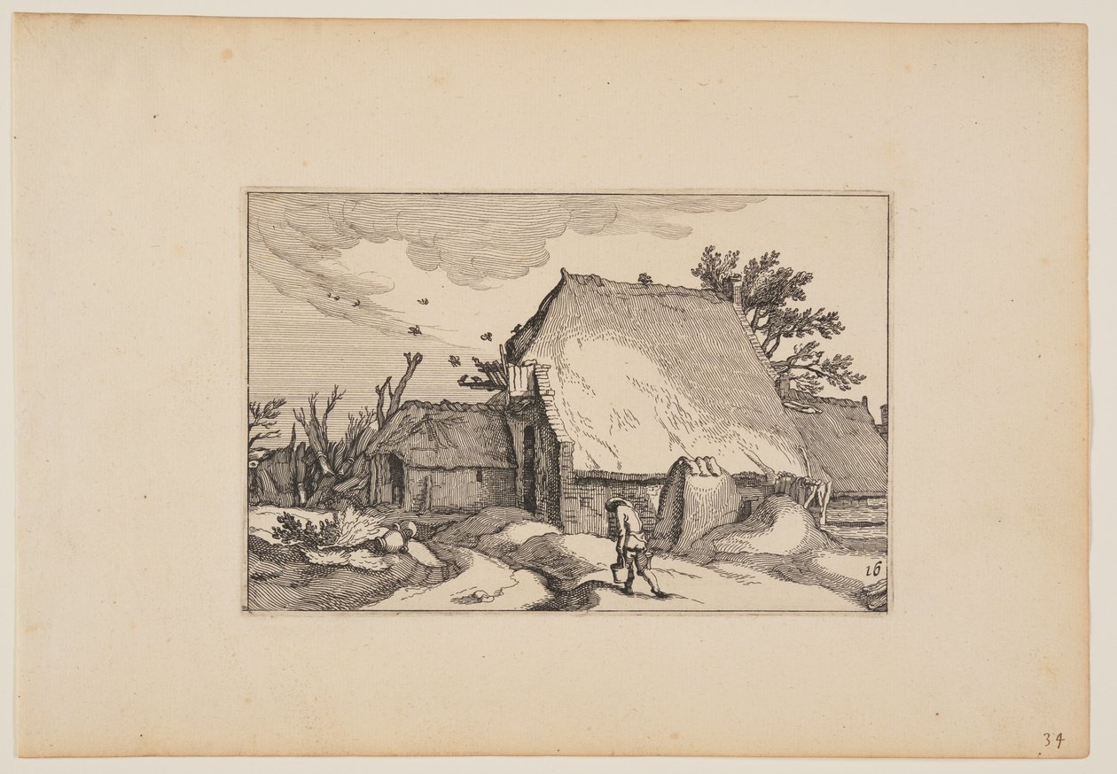 En gård, mand med to spande på stien foran, fra Landskaber (Verscheyden aerdige Lanthuysen...) af Claes Jansz. Visscher
