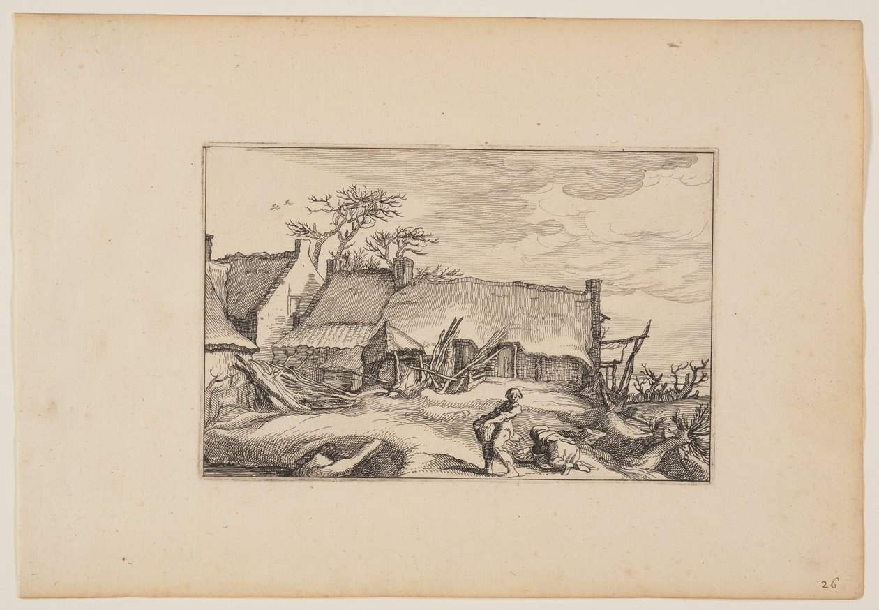 En bondegård, en mand med en kurv i forgrunden, fra Landskaber (Verscheyden aerdige Lanthuysen...) af Claes Jansz. Visscher