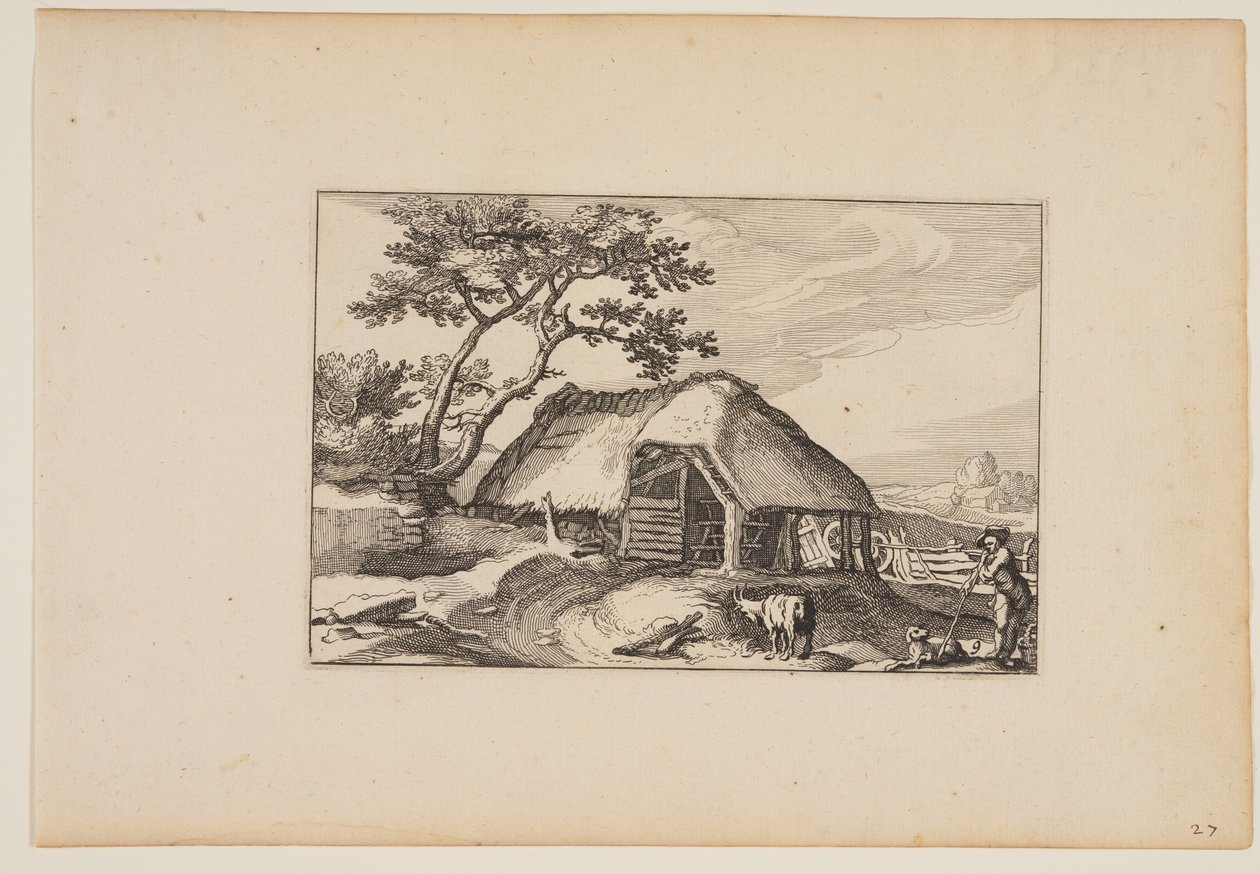 Stald, hyrde hviler på sin pind i højre forgrund, fra Landskaber (Verscheyden aerdige Lanthuysen...) af Claes Jansz. Visscher