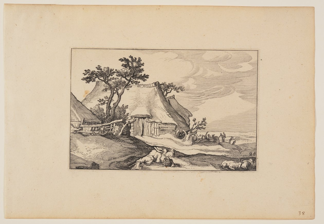 Skure, hvilende mand med kurv med æg i forgrunden, fra Landskaber (Verscheyden aerdige Lanthuysen...) af Claes Jansz. Visscher
