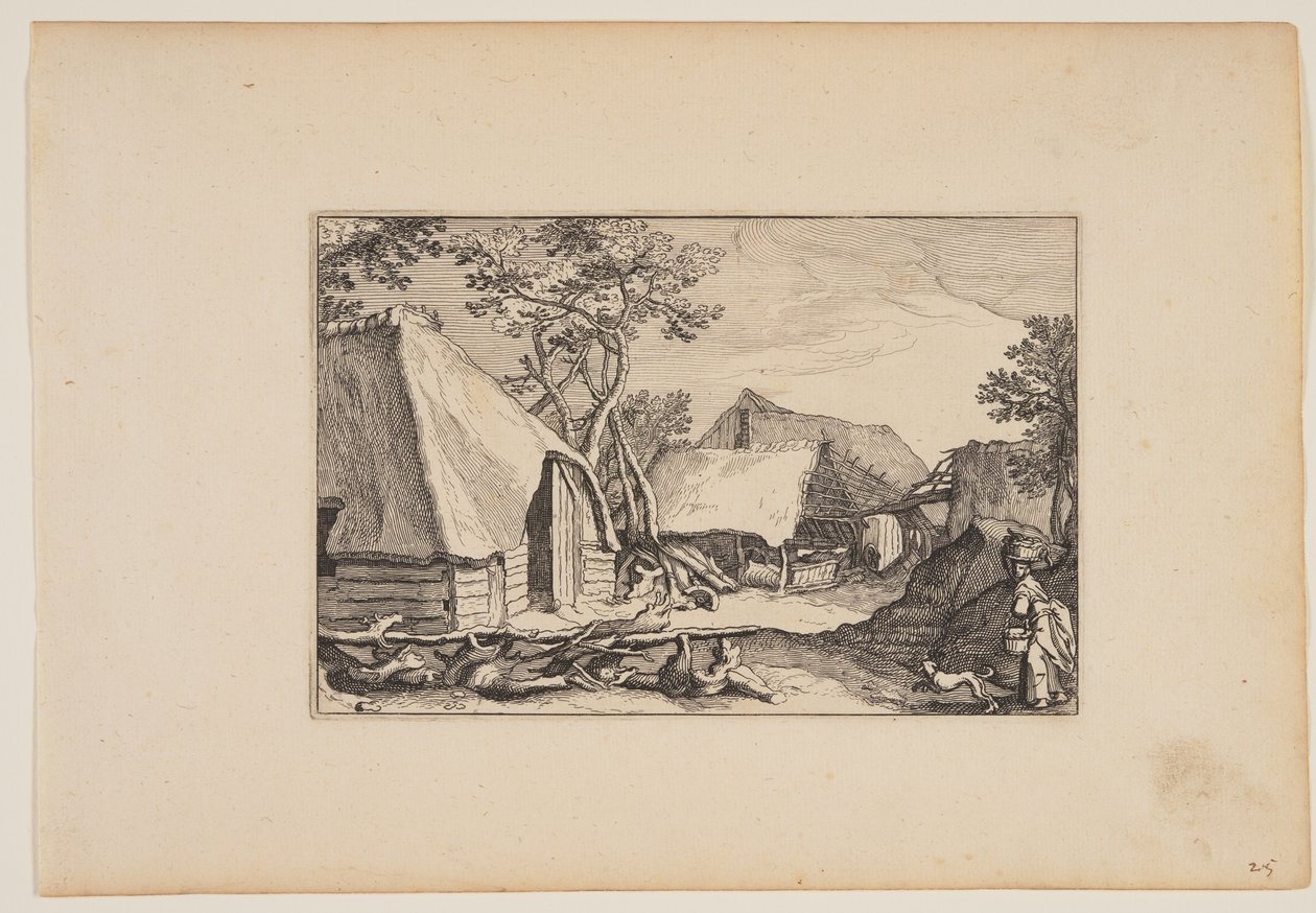 Skure, kvinde og hund i højre forgrund, fra Landskaber (Verscheyden aerdige Lanthuysen...) af Claes Jansz. Visscher