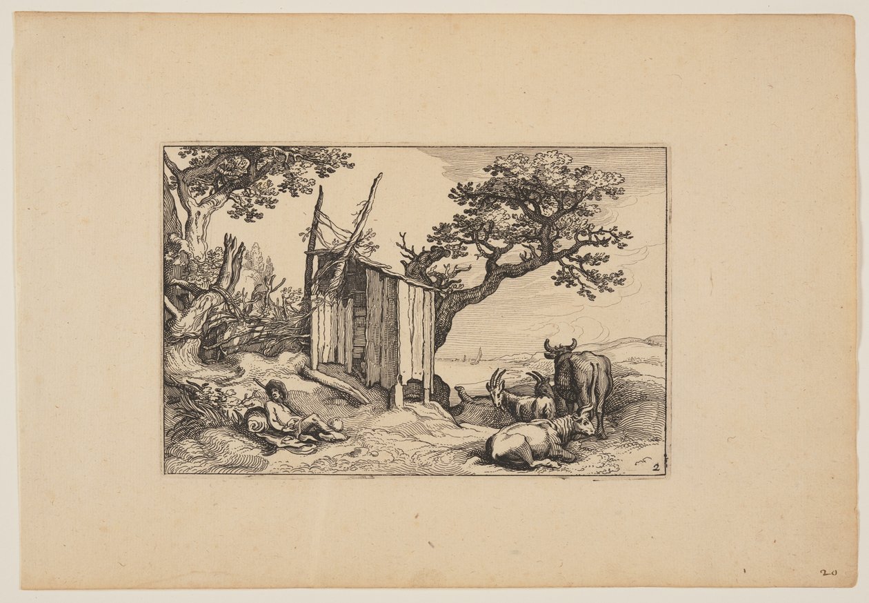 Forfalden lade med besætning og kvæg, fra Landskaber (Verscheyden aerdige Lanthuysen...) af Claes Jansz. Visscher