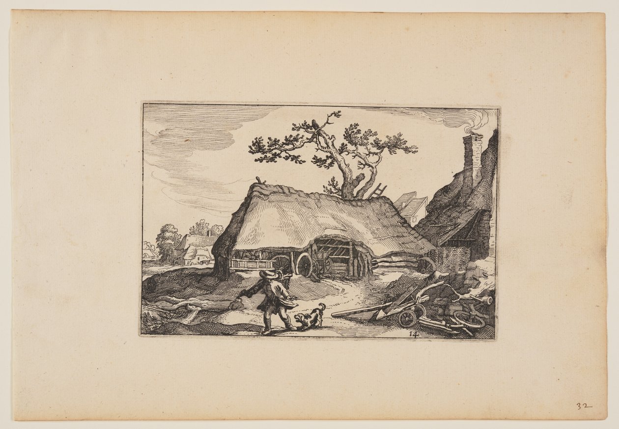 Gård med skur til en vogn, mand med gøende hund, fra Landskaber af Claes Jansz. Visscher
