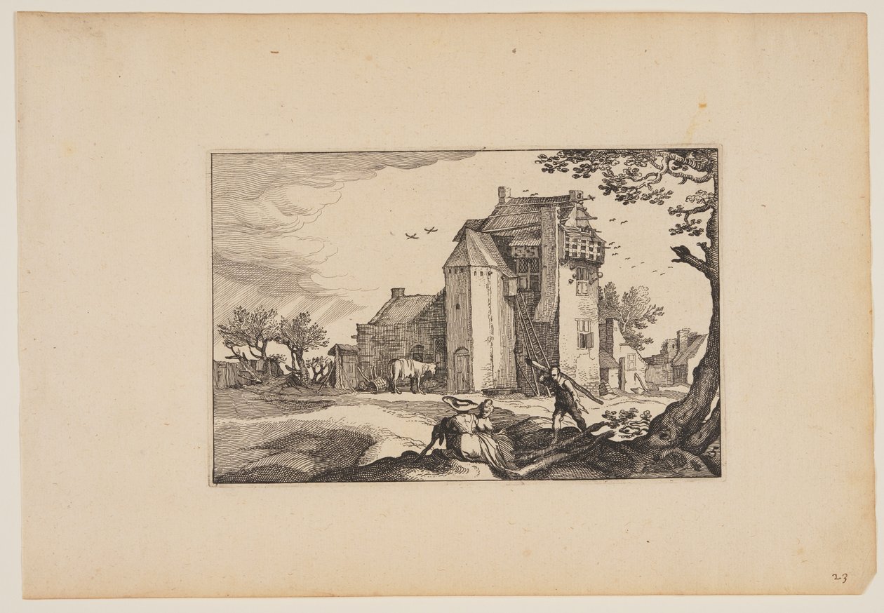 Bondegård med dueslag, fra Landskaber (Verscheyden aerdige Lanthuysen...) af Claes Jansz. Visscher